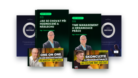 2 kapitoly z Akademie Soft Skills: Jak se chovat při hodnocení a náslechu, Time management a organizace práce, dva stříbrné certifikáty a dva bonusové podcasty
